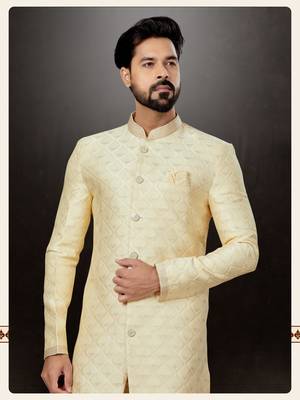 Gold havy classic indowestern sherwani with stone zari work with fansy batton 2