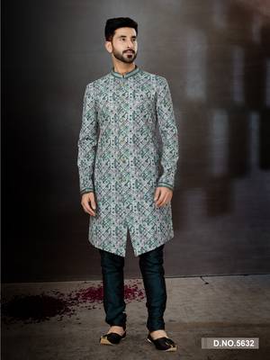 Green to off white mix colour havy classic indowestern sherwani with stone zari work with fansy batton 1