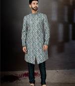 Green to off white mix colour havy classic indowestern sherwani with stone zari work with fansy batton