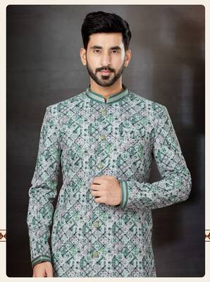 Green to off white mix colour havy classic indowestern sherwani with stone zari work with fansy batton 2