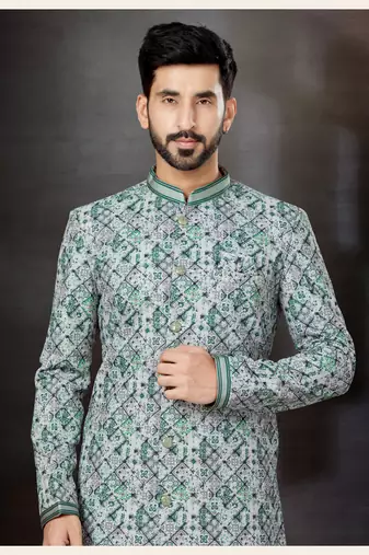 Green to off white mix colour havy classic indowestern sherwani with stone zari work with fansy batton