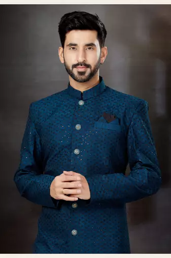 T. blue havy classic indowestern sherwani with stone zari work with fansy batton