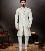 Off white havy classic indowestern sherwani with stone zari work with fansy batton