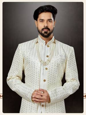 Off white havy classic indowestern sherwani with stone zari work with fansy batton 2