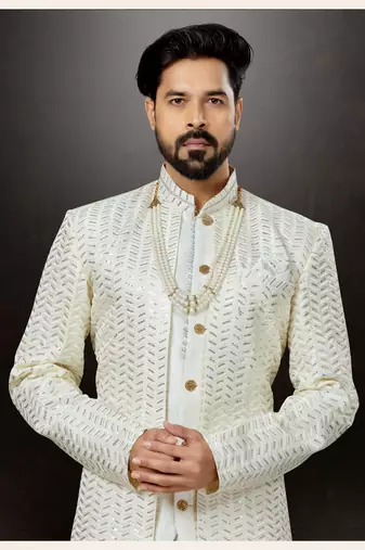 Off white havy classic indowestern sherwani with stone zari work with fansy batton