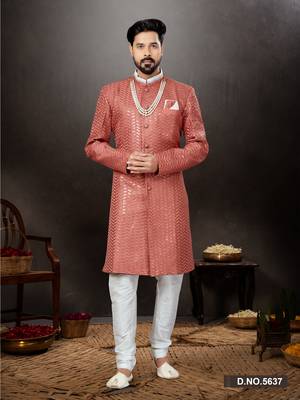Light red havy classic indowestern sherwani with stone zari work with fansy batton 1
