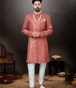 Light red havy classic indowestern sherwani with stone zari work with fansy batton