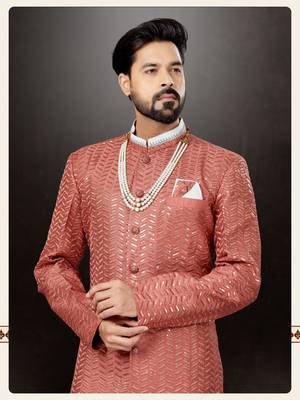Light red havy classic indowestern sherwani with stone zari work with fansy batton 2