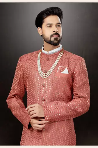Light red havy classic indowestern sherwani with stone zari work with fansy batton