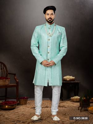 sky blue classic indowestern sherwani with stone zari work 1