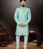 sky blue classic indowestern sherwani with stone zari work