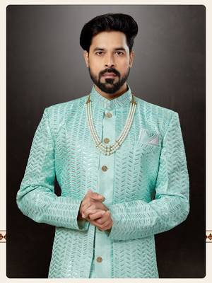 sky blue classic indowestern sherwani with stone zari work 2