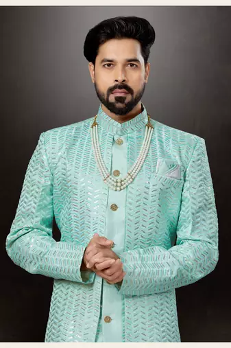 sky blue classic indowestern sherwani with stone zari work