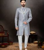 Gray havy classic indowestern sherwani with stone zari work with fansy batton