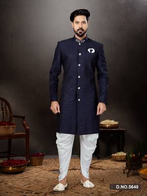 Navy blue havy classic indowestern sherwani with stone zari work with fansy batton 1