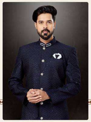 Navy blue havy classic indowestern sherwani with stone zari work with fansy batton 2