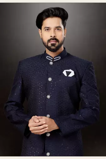 Navy blue havy classic indowestern sherwani with stone zari work with fansy batton
