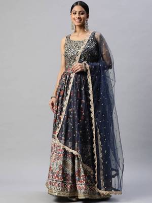 Exquisite Blue Digital Printed Chinon Silk Party Wear Lehenga Choli Wedding Lehenga 1