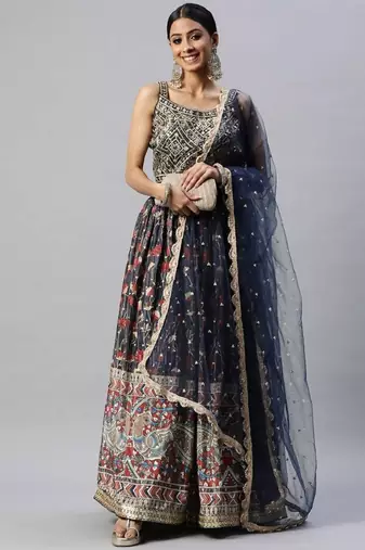 Exquisite Blue Digital Printed Chinon Silk Party Wear Lehenga Choli Wedding Lehenga