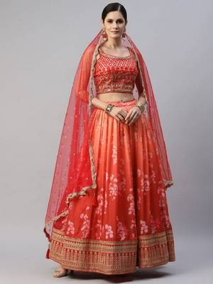 Astonishing Orange Digital Printed Organza Silk Lehenga Choli Wedding Lehenga 1