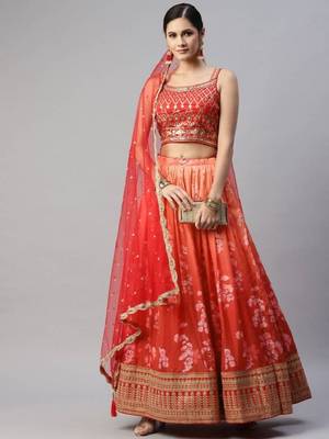 Astonishing Orange Digital Printed Organza Silk Lehenga Choli Wedding Lehenga 2