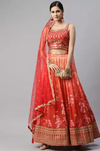 Astonishing Orange Digital Printed Organza Silk Lehenga Choli Wedding Lehenga