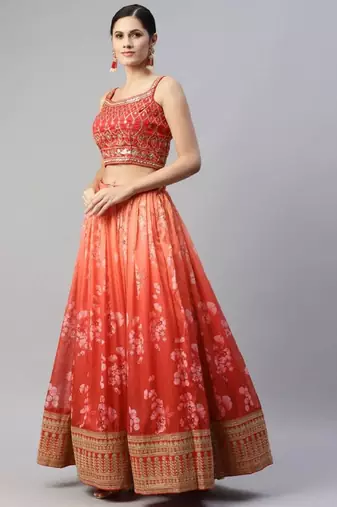 Astonishing Orange Digital Printed Organza Silk Lehenga Choli Wedding Lehenga