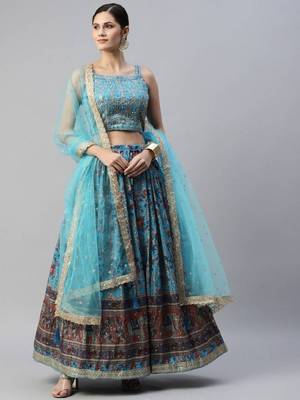  Skyblue Printed Chinon Silk Reception Wear Lehenga Choli Wedding Lehenga 1