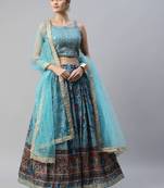  Skyblue Printed Chinon Silk Reception Wear Lehenga Choli Wedding Lehenga