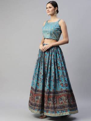  Skyblue Printed Chinon Silk Reception Wear Lehenga Choli Wedding Lehenga 2