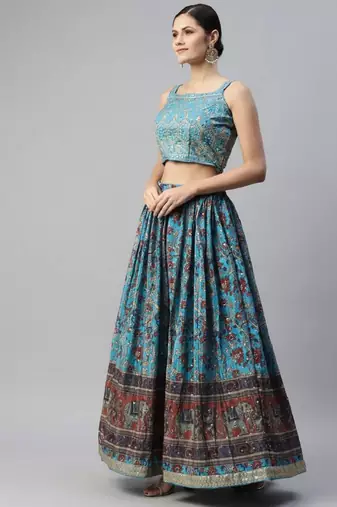  Skyblue Printed Chinon Silk Reception Wear Lehenga Choli Wedding Lehenga