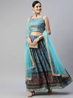  Skyblue Printed Chinon Silk Reception Wear Lehenga Choli Wedding Lehenga 3