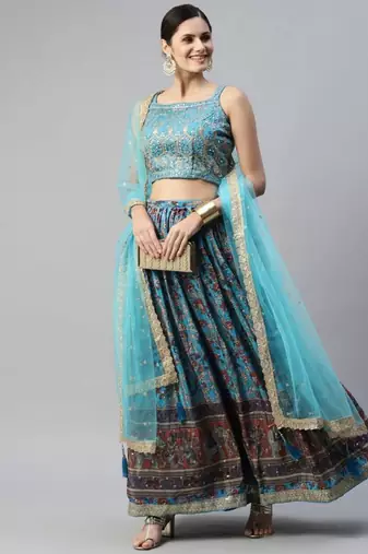  Skyblue Printed Chinon Silk Reception Wear Lehenga Choli Wedding Lehenga