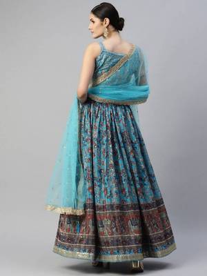  Skyblue Printed Chinon Silk Reception Wear Lehenga Choli Wedding Lehenga 4