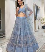 Grey Sequins and Thread Embroidered Semi-Stitched Indian Designer Wedding Lehenga dress