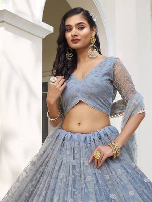 Grey Sequins and Thread Embroidered Semi-Stitched Indian Designer Wedding Lehenga dress 2