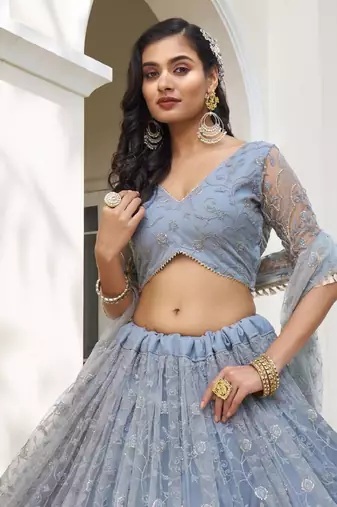 Grey Sequins and Thread Embroidered Semi-Stitched Indian Designer Wedding Lehenga dress
