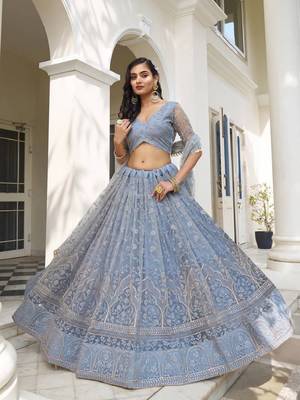 Grey Sequins and Thread Embroidered Semi-Stitched Indian Designer Wedding Lehenga dress 3