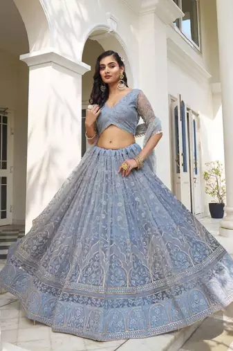 Grey Sequins and Thread Embroidered Semi-Stitched Indian Designer Wedding Lehenga dress