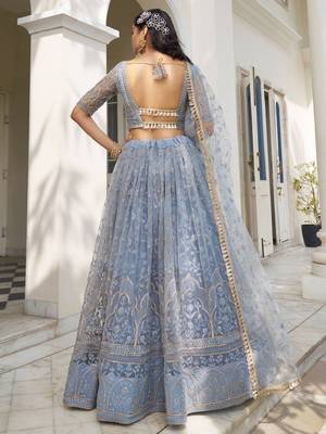 Grey Sequins and Thread Embroidered Semi-Stitched Indian Designer Wedding Lehenga dress 4