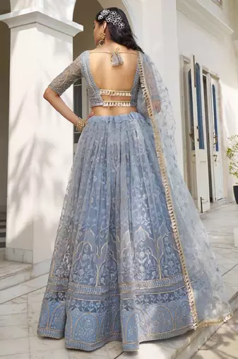 Grey Sequins and Thread Embroidered Semi-Stitched Indian Designer Wedding Lehenga dress