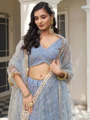 Grey Sequins and Thread Embroidered Semi-Stitched Indian Designer Wedding Lehenga dress 5