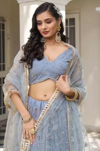 Grey Sequins and Thread Embroidered Semi-Stitched Indian Designer Wedding Lehenga dress