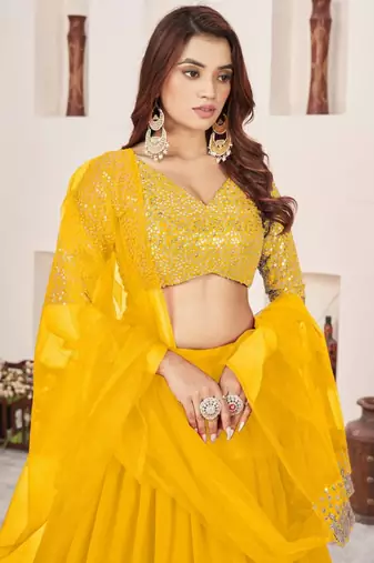 Incredible Yellow Sequins Georgette Indian designer wedding haldi wear lehenga choli