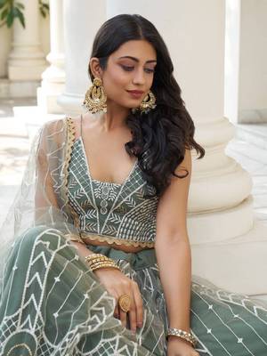  Dusty Green Thread Embroidered Net Lehenga Choli 2
