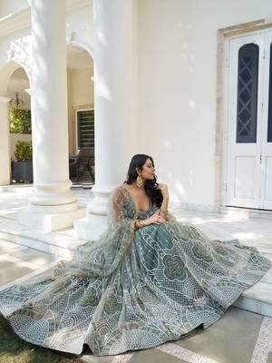  Dusty Green Thread Embroidered Net Lehenga Choli 3