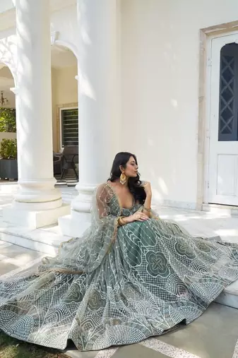  Dusty Green Thread Embroidered Net Lehenga Choli