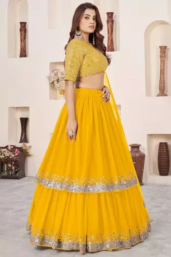 Incredible Yellow Sequins Georgette Indian designer wedding haldi wear lehenga choli