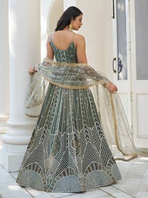  Dusty Green Thread Embroidered Net Lehenga Choli 4