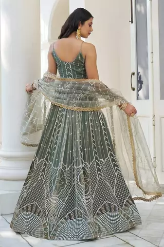  Dusty Green Thread Embroidered Net Lehenga Choli